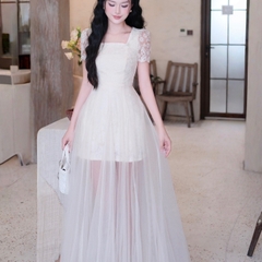 Đầm thiết kế cổ vuông tay ren dáng dài phối voan đi tiệc cao cấp hai màu trắng kem