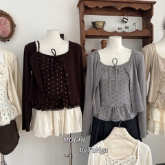 Áo kiểu set khoác áo dây chấm bi