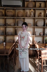Set đồ lam lụa tơ tằm thêu hoa hồng áo tay cộc