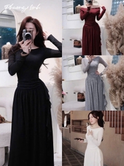 Đầm body trễ vai nhún eo phối tà bèo dáng dài