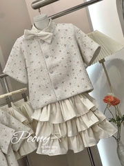 Set áo dạ tweed dáng lửng cổ nơ lệch + cv tầng