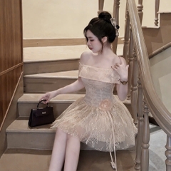 Đầm thiết kế trễ vai hoa eo tùng xoè