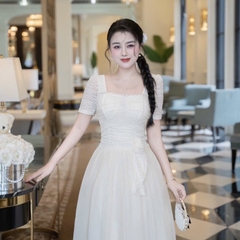 Đầm cổ vuông đính ngọc hoa eo không xẻ