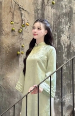 Áo dài gấm tay loe đính hoa quần lưng thun H