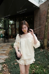 Set bộ babydoll cổ tròn tay dài ren hoa quần ngắn