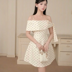 Đầm thiết kế 2 dây trễ vai hoa chấm bi