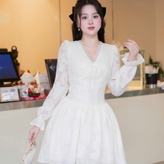 Đầm ren cổ V cúc bọc thiết kế cao cấp