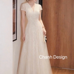 Đầm thiết kế ren tay ngắn tùng xoè