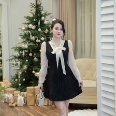 Đầm dạ tay voan voan dáng chữ A cổ dây nơ