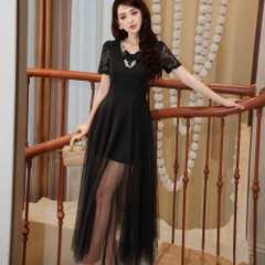 Đầm thiết kế cổ V đính đá cổ nơ ngực