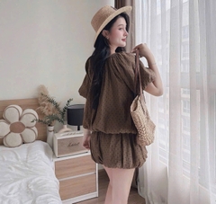 Set kiểu chấm bi quần áo bí phồng ngắn cột nơ ngực