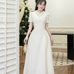 Đầm dạ cổ ngọc đính đá dáng dài cao cấp