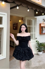 Đầm thiết kế trễ vai ren nơ hoa tùng gợi sóng
