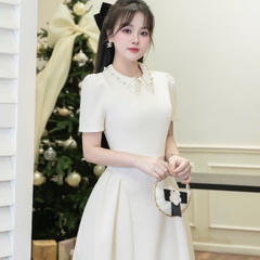 Đầm dạ cổ ngọc đính đá dáng dài cao cấp