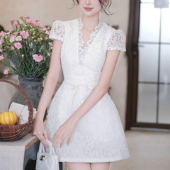 Đầm dáng ngắn chữ A full ren cổ V thắt eo cao cấp sang chảnh thiết kế