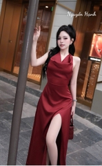 Đầm cột nơ cổ lụa xẻ tà