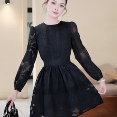 Đầm tay dài bồng cổ tròn thiết kế xoè ngắn xếp li ngực