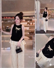 Set đồ lam áo nhung thêu chuồn chuồn đá quần lụa