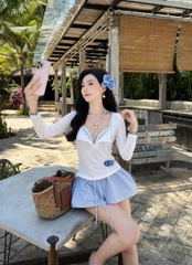 Set bikini 3 món áo tay dài áo dây quần ngắn thun kèm kẹp hoa