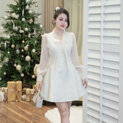 Đầm dạ tay voan voan dáng chữ A cổ dây nơ