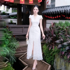 Đầm đi tiệc chất ren ôm body cao cấp thiết kế cổ V có tay