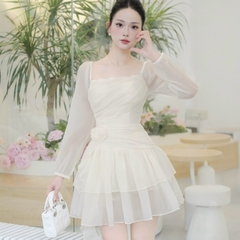 Đầm cổ vuông tay dài voan dáng ngắn xoè