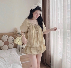 Set kiểu chấm bi quần áo bí phồng ngắn cột nơ ngực