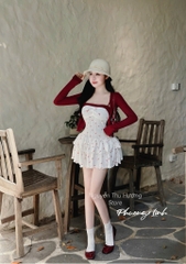 Đầm 2 dây tầng nơ bảng ngực kèm khoác