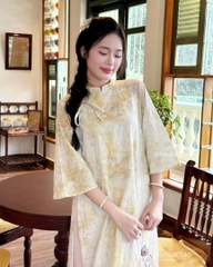 Áo dài loang thêu hoa nút đôi