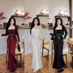 Đầm thiết kế ren 2 dây phối lụa kèm áo choàng ren