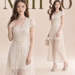 Đầm thiết kế cổ V nơ eo phối ren dài