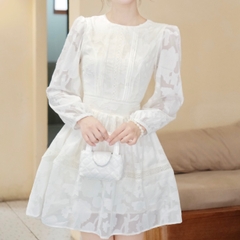 Đầm tay dài bồng cổ tròn thiết kế xoè ngắn xếp li ngực