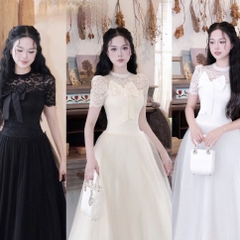 Đầm cổ tròn ren đính nơ to dáng xoè sang chảnh