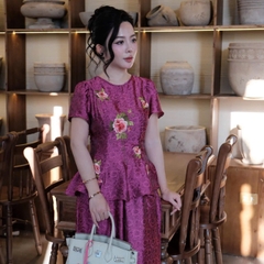 Set đồ lam lụa tơ tằm thêu hoa hồng áo tay cộc