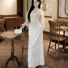 Đầm thiết kế lụa 2 dây kèm áo choàng ren