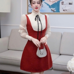 Đầm cổ tròn cao phối dạ dáng chữ A ngắn tay dài voan