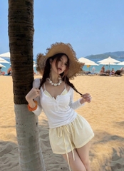 Set bikini 3 món áo tay dài áo dây quần ngắn thun kèm kẹp hoa
