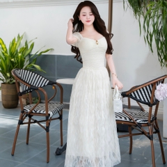 Đầm thiết kế cổ vuông tay ren dáng dài xòe