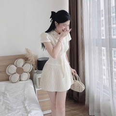 Đầm cổ sơ mi dáng ngắn xếp ly hot trend ép mùng đính kết