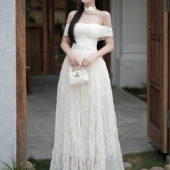 Đầm đi tiệc trễ vai bảng ngực xoè sóng dáng dài