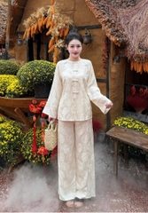 Đồ lam lụa cổ tròn nơ ngọc trai dọc tay áo cổ tàu