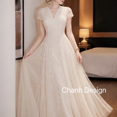 Đầm thiết kế ren tay ngắn tùng xoè