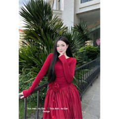 Đầm thiết kế tay dài dáng bồng cổ tròn hoa eo