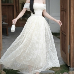 Đầm đi tiệc trễ vai bảng ngực xoè sóng dáng dài