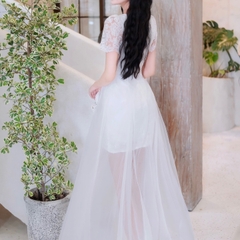 Đầm thiết kế cổ vuông tay ren dáng dài phối voan đi tiệc cao cấp hai màu trắng kem