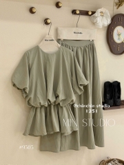 Set áo kiểu nhúng eo phồng chân váy dài
