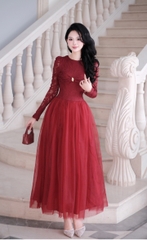 Đầm cổ tròn nơ ngực vòng vàng ren phối voan