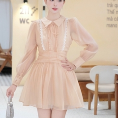 Đầm tơ chân xoè phối ren thiết kế ngắn tay dài đi tiệc