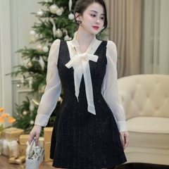 Đầm dạ tay voan voan dáng chữ A cổ dây nơ