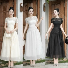 Đầm ren cổ tròn xoè tay nhắn nhúng hoa